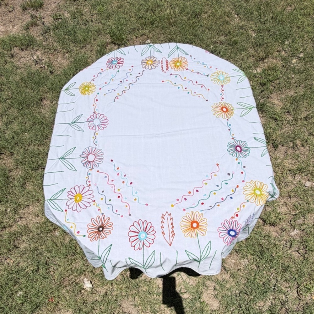 Colorful Handmade Tablecloth 52x41 White Good Floral Embroidered